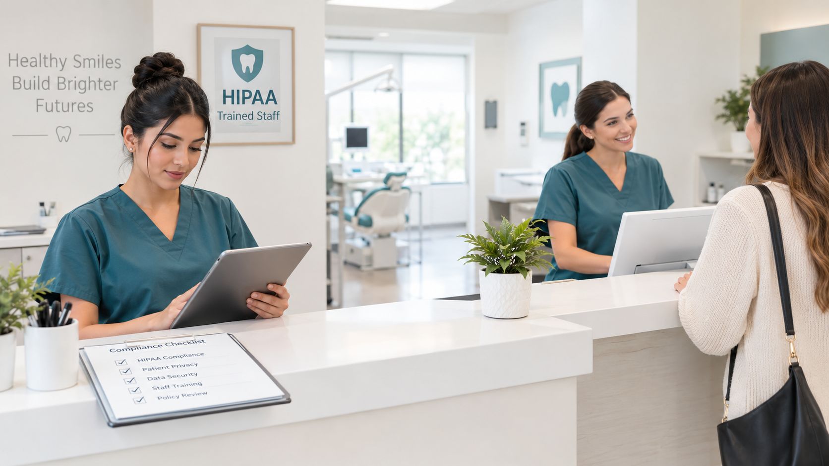 Two professional dental receptionists assisting a patient at a clean, modern medical front desk office.
