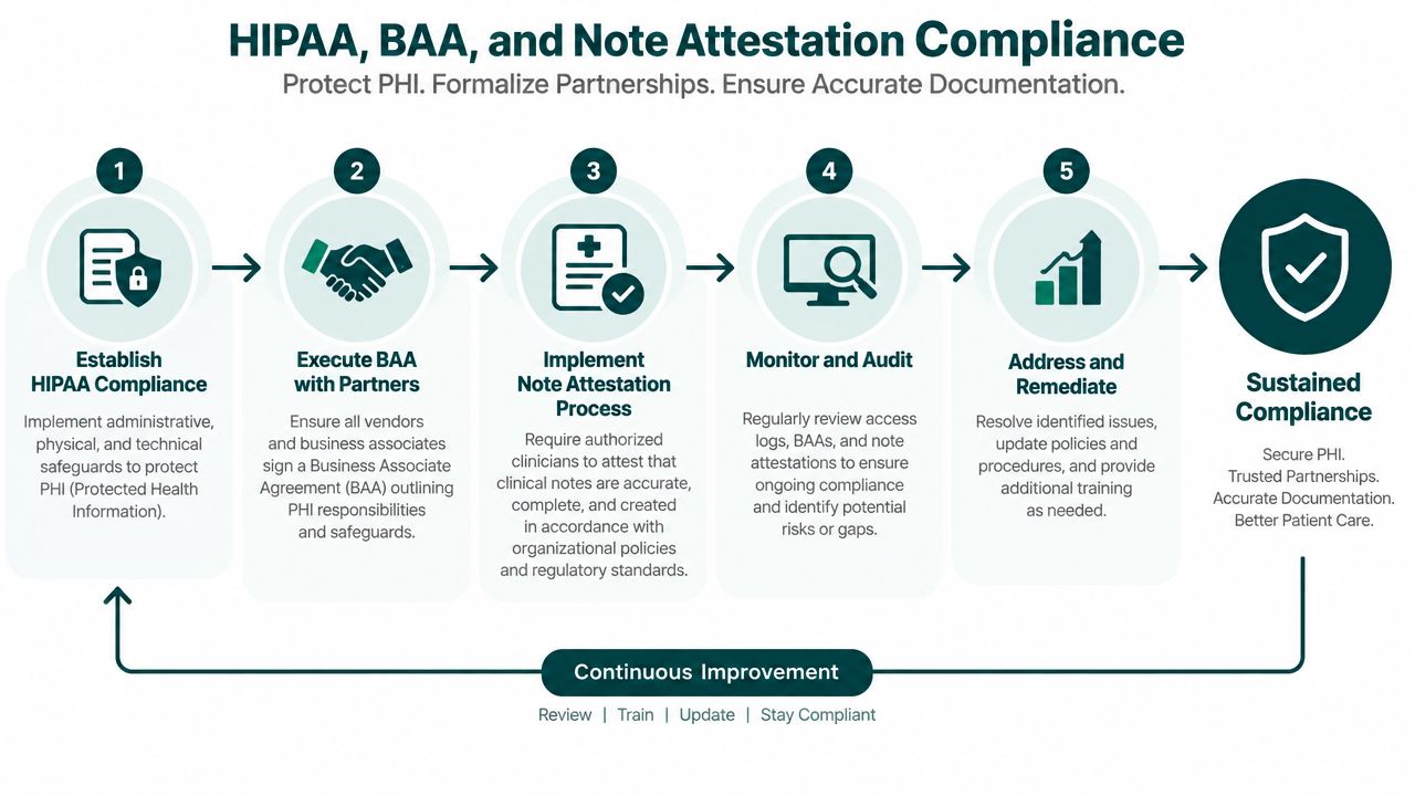 A five-step infographic showing the HIPAA compliance process, BAA execution, and note attestation for healthcare providers.