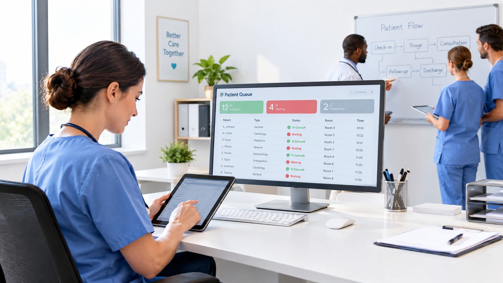 A healthcare team managing patient flow in a modern office with digital patient tracking software.
