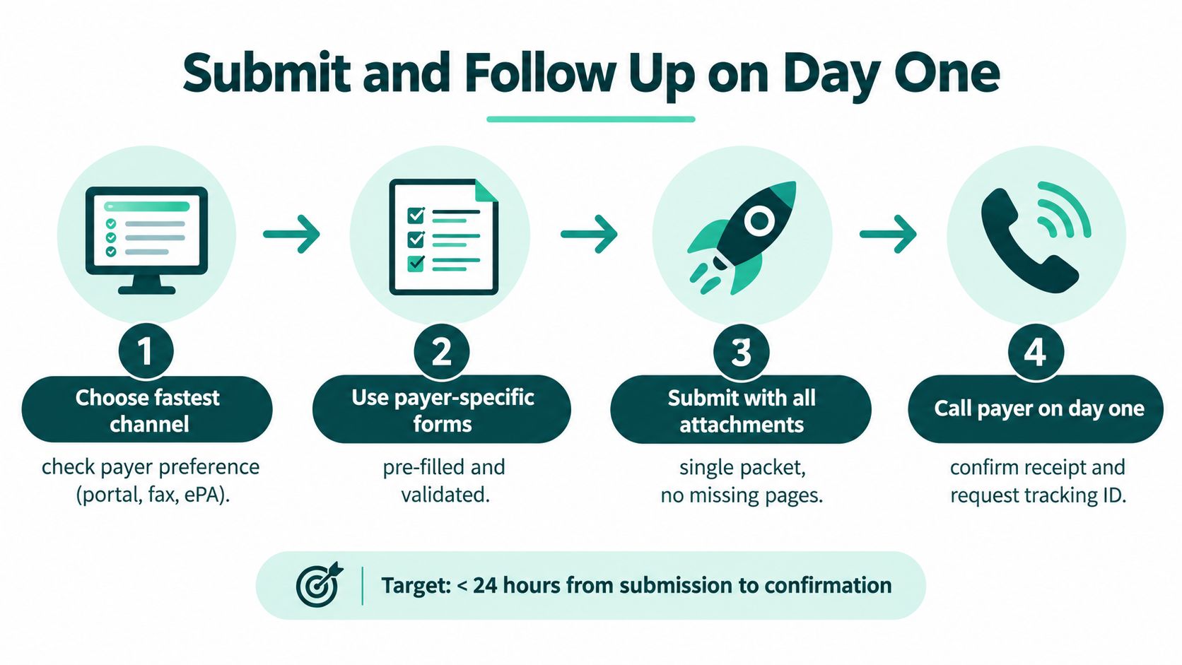 A four-step infographic illustrating how to accelerate prior authorization by submitting and following up within one day.