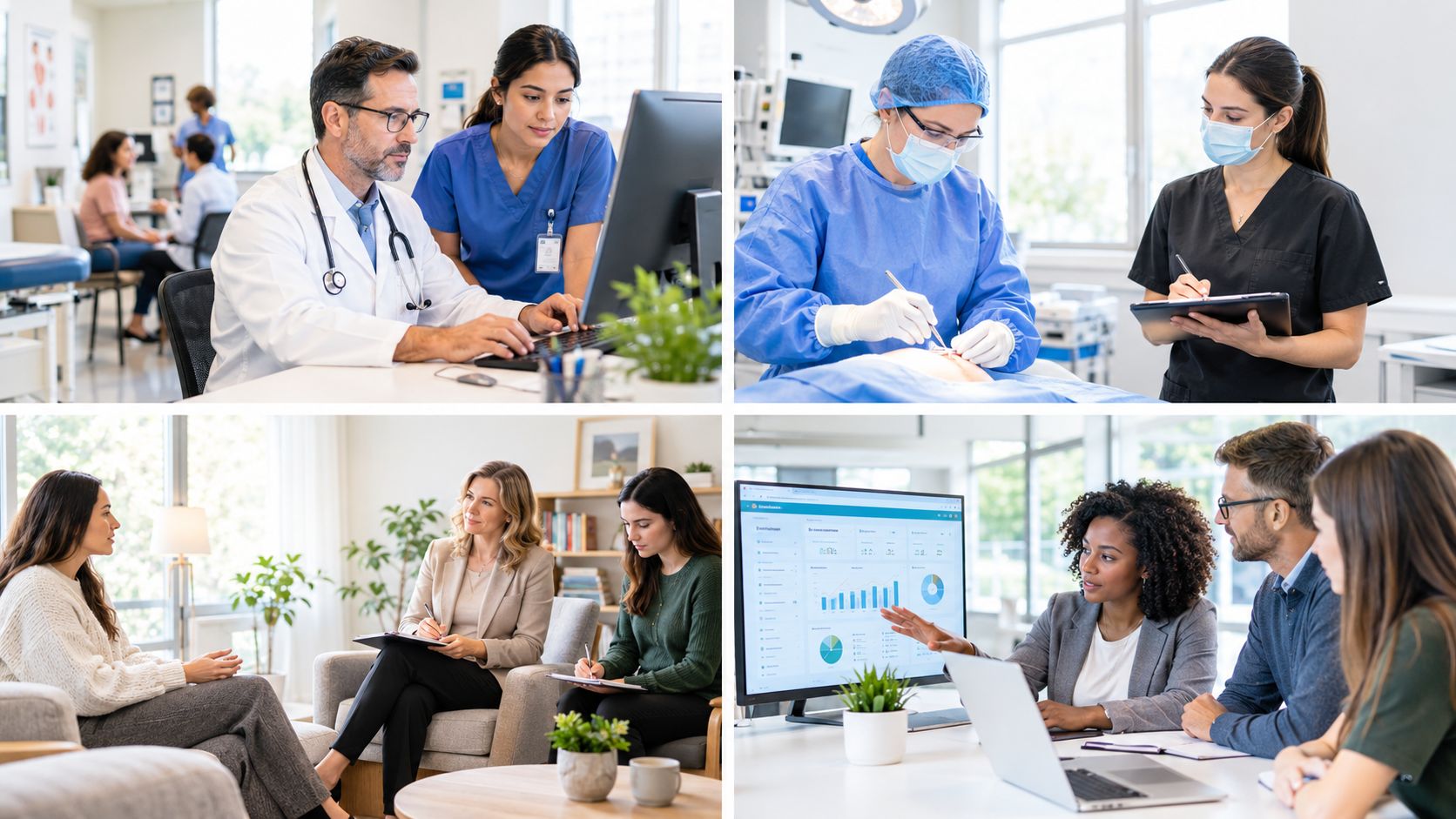 A composite image showing various medical and professional workplace settings, including doctors, surgeons, and business meetings.