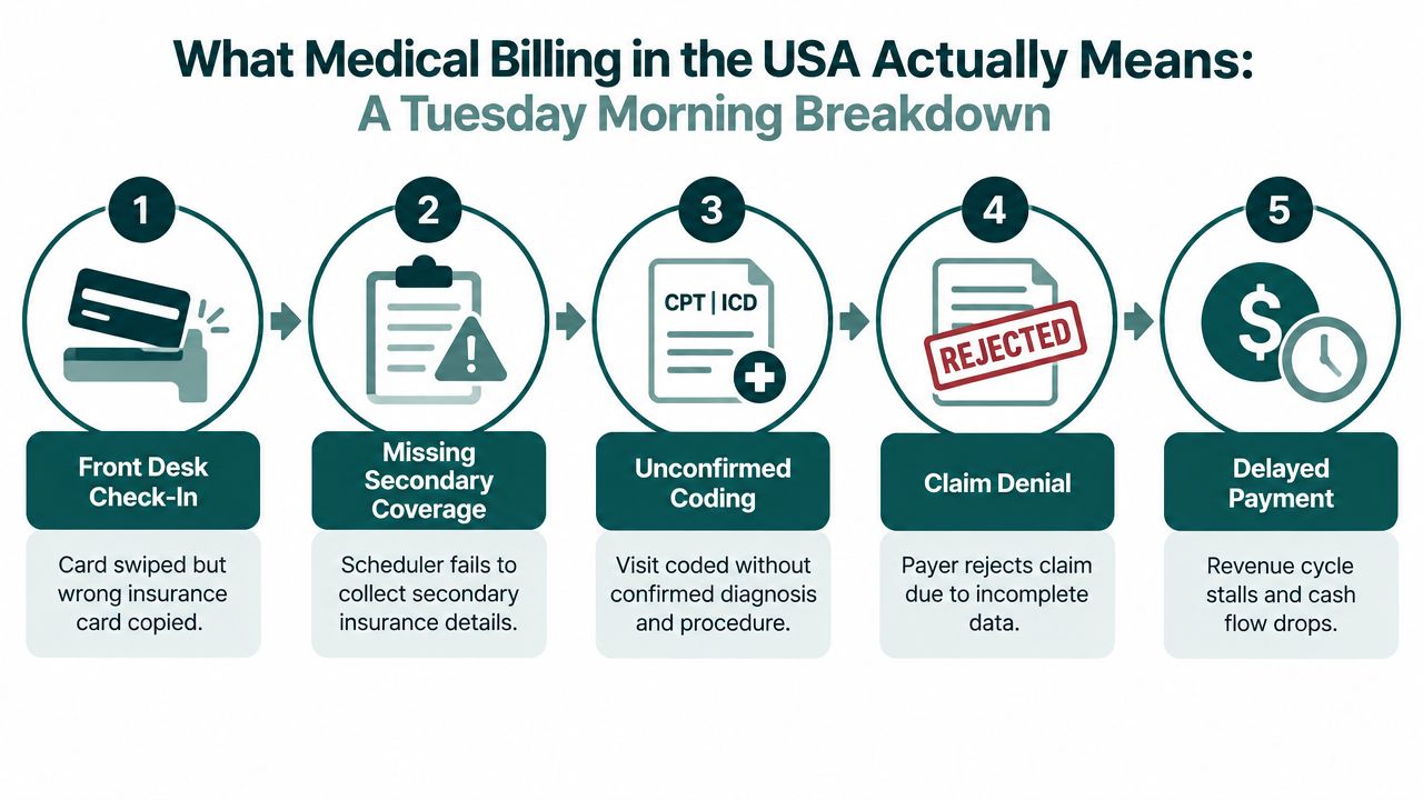 A flowchart showing five steps of the medical billing process in the USA ending in delayed payments.
