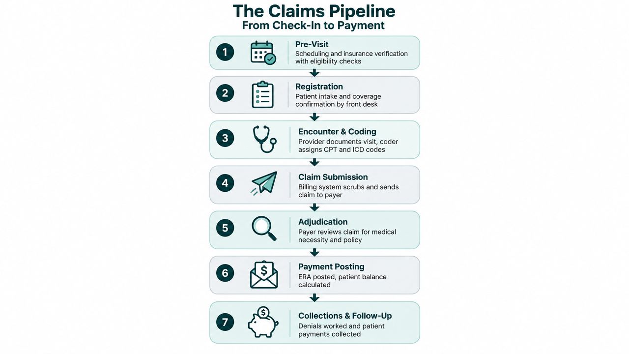 A flow chart titled The Claims Pipeline showing seven steps from patient check-in to final payment.