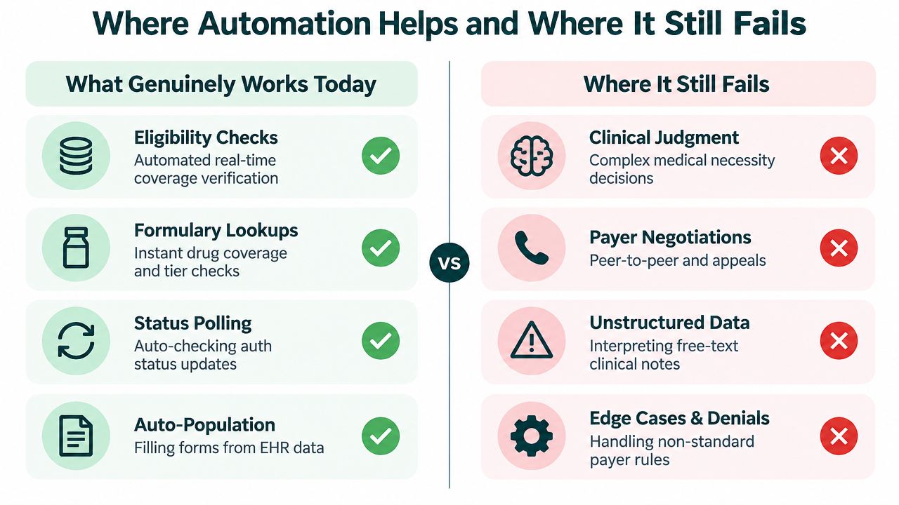 A comparison chart showing administrative healthcare tasks that are successfully automated versus those where automation still fails.