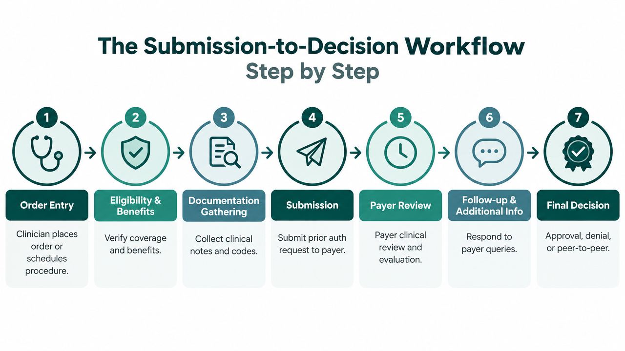 A seven-step workflow diagram detailing the medical insurance pre-authorization submission to decision process for clinical services.
