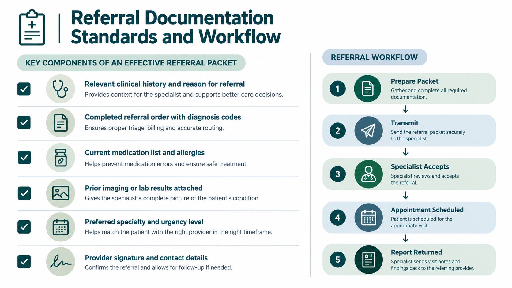 An infographic detailing the essential components and the step-by-step workflow for successful medical referral documentation.