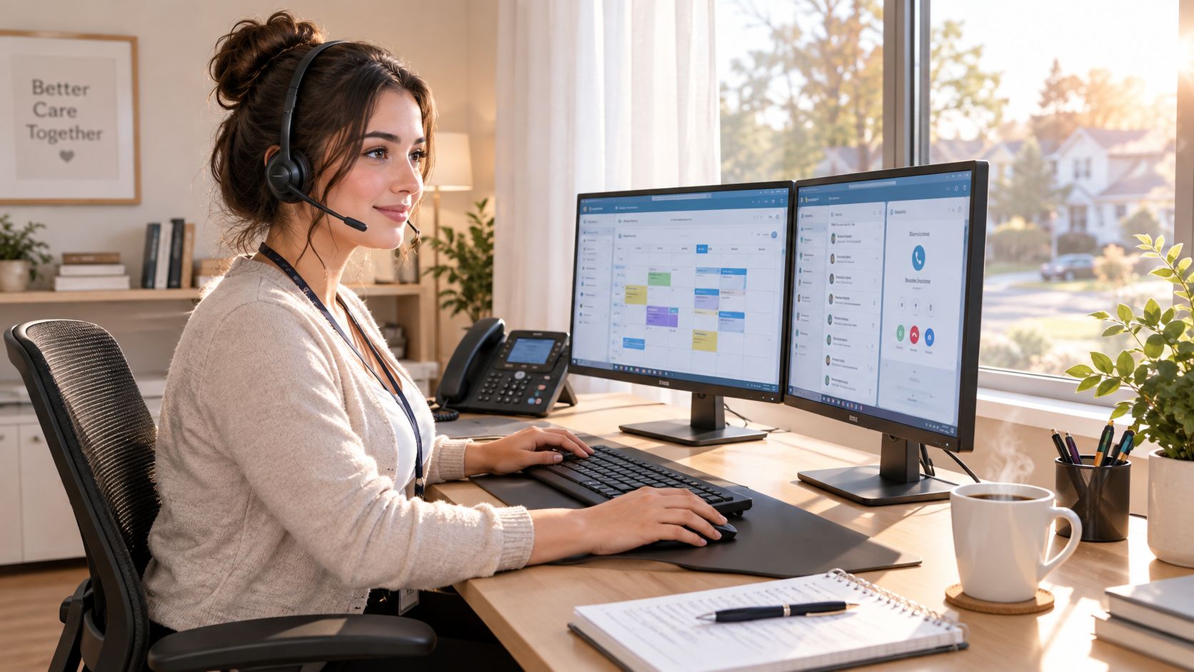 A professional remote medical receptionist wearing a headset while working at her desk with dual computer monitors.