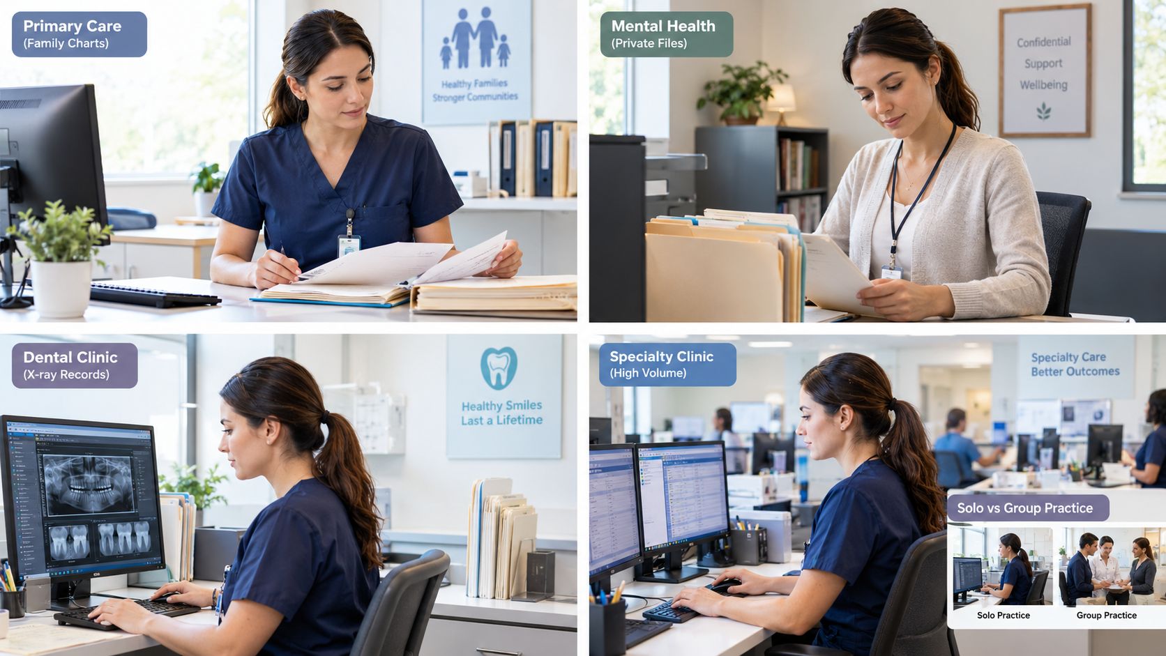 A collage showing a medical records clerk working in primary care, mental health, dental, and specialty clinic settings.