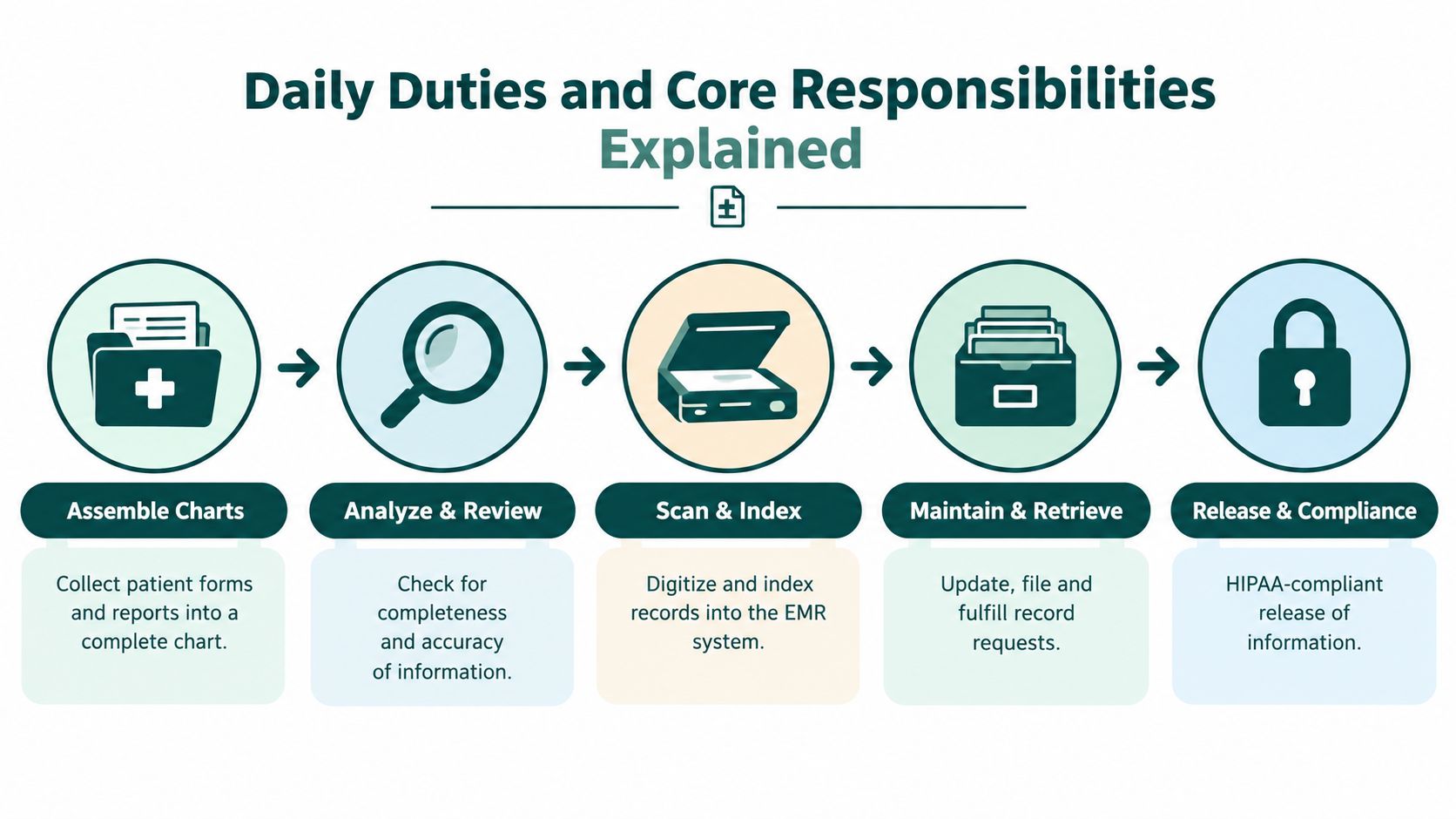 An infographic showing the five-step daily workflow and core responsibilities of a medical records clerk.