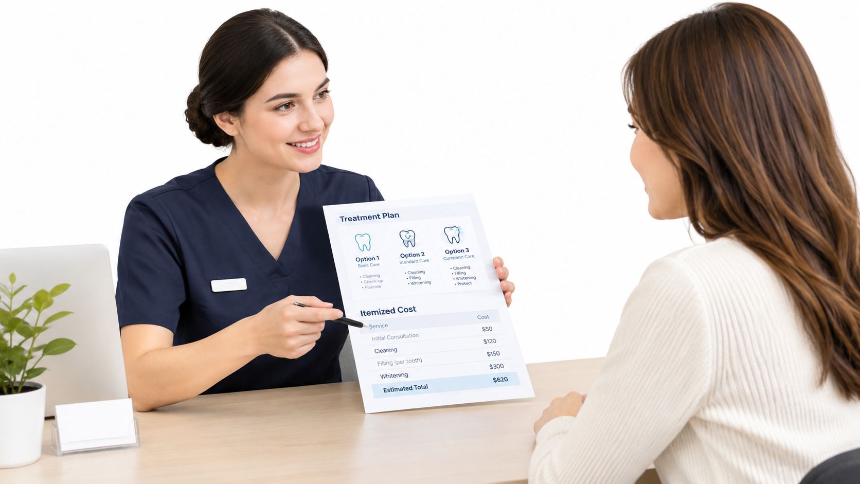 A friendly dental assistant explaining a treatment plan and costs to a patient at a front desk.