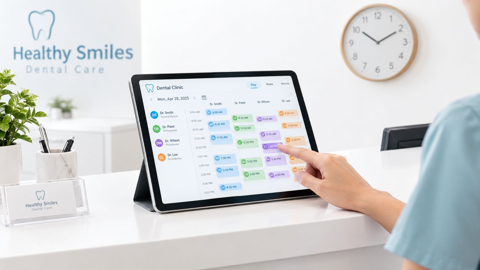 A receptionist using a tablet to manage the digital appointment schedule for a dental clinic's staff.